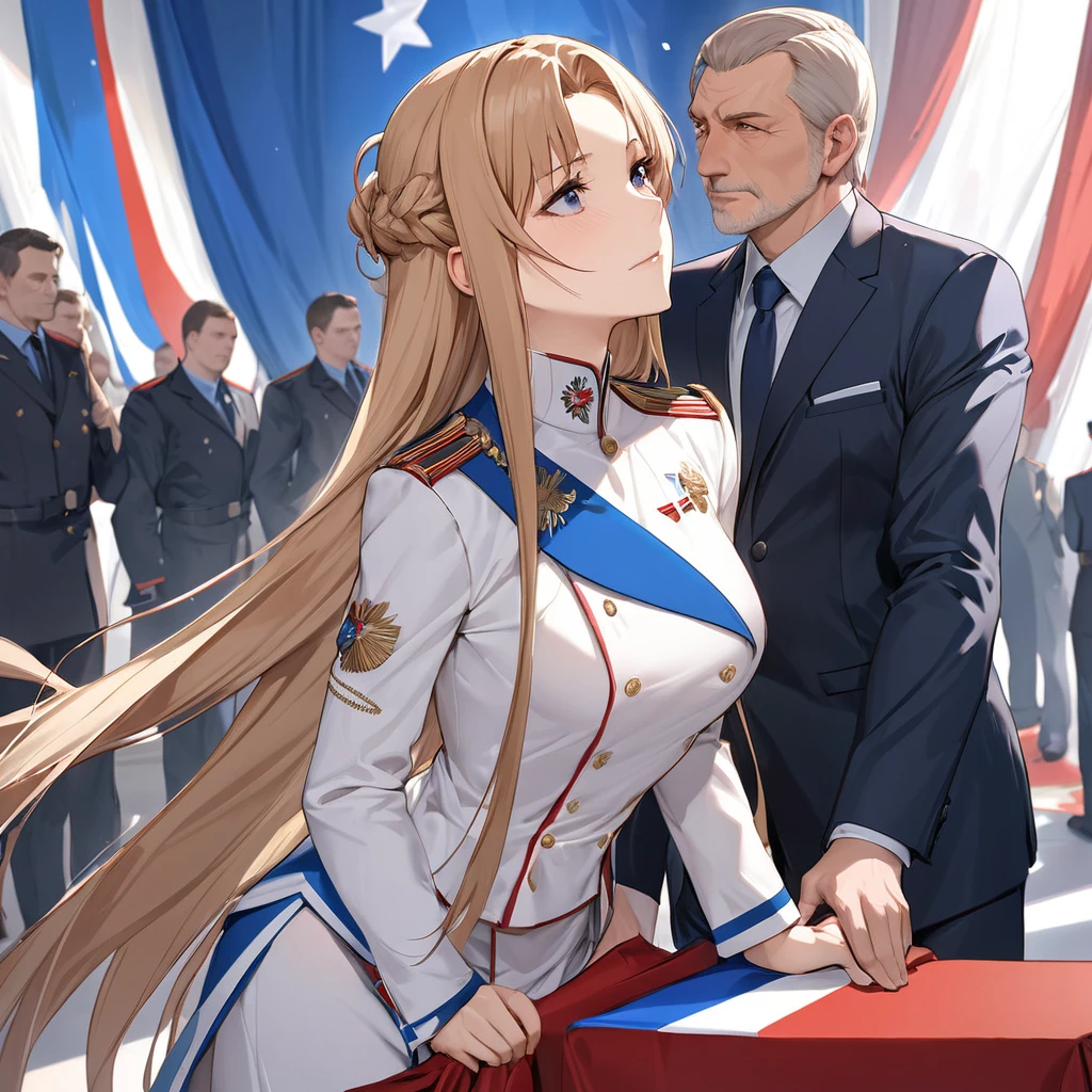 ((Highest quality)), ((masterpiece)), (detailed), （Perfect Face）、The woman is Yuuki Asuna, a Russian with light brown, semi-long hair.、The woman is a member of the United Russia party and is beautifully dressed in a suit and lavish accessories.、She is a United Russia member who is dedicated to the cause of a great United Russia, and she deeply respects and worships the leader of the Great Russian Party, a United Russia supremacist.、As the secretary and mistress of a high-ranking official of the Great United Russia, she serves, embraces, accompanies and follows him wholeheartedly, working for the Great Russia.