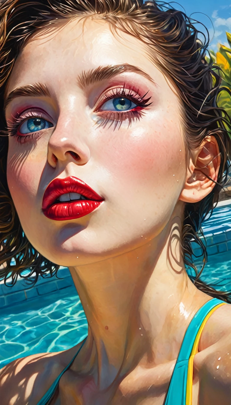 a sexy girl in a swimming pool, bare breasts, panties, covering her breasts with a sign that says "THANK YOU FOR 1000 followers", oil painting inspired by Bill Sienkiewicz, detailed facial features, realistic skin textures, intricate details, dramatic lighting, cinematic composition, vibrant colors, photorealistic, masterpiece, best quality