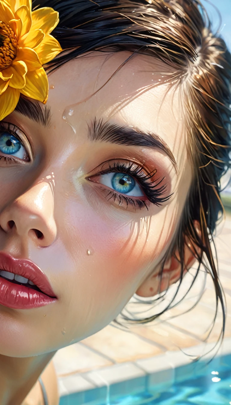 1 woman, beautiful detailed eyes, beautiful detailed lips, extremely detailed face, longeyelashes, slim abs, seductive pose, swimming pool, bikini, (best quality,4k,8k,highres,masterpiece:1.2),ultra-detailed,(realistic,photorealistic,photo-realistic:1.37),portrait,vibrant colors,natural lighting, , (best quality,4k,8k,highres,masterpiece:1.2),ultra-detailed,(realistic,photorealistic,photo-realistic:1.37),intricate details,vivid colors,sharp focus,professional,Dave McKean artwork, oil touch of surrealism,oil painting