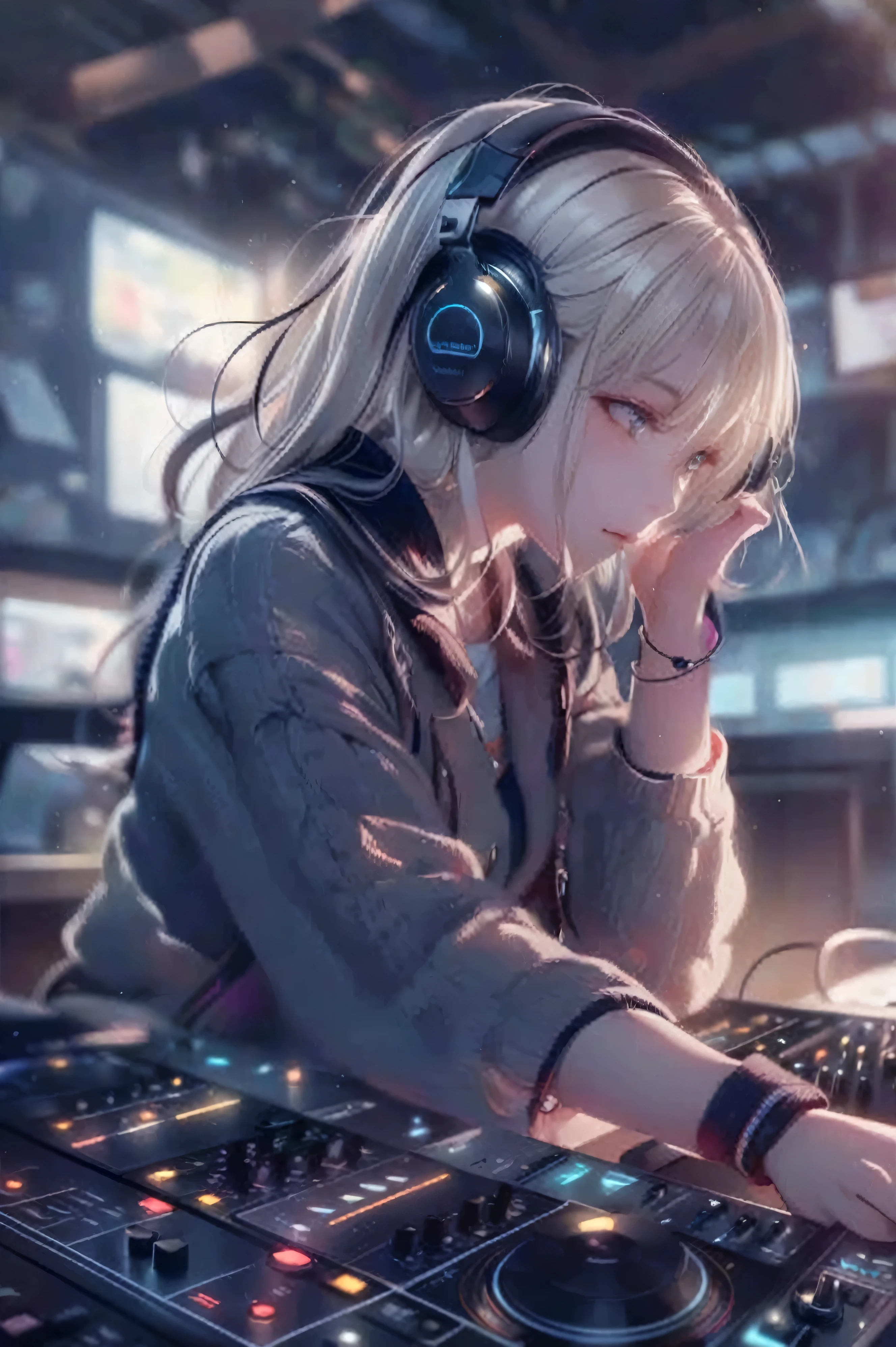 A woman wearing headphones is playing music on a mixer, anime style 4 k, Nightcore, anime vibes, anime style. 8k, 4k anime wallpaper, anime. Soft lighting, Gweiz-style artwork, anime wallpaper 4 k, anime girl, anime wallpaper 4k, With headphones, blonde anime girl with long hair, digital anime art