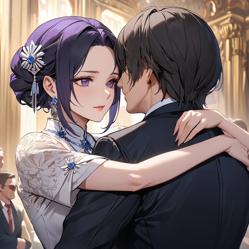 ((Highest quality)), ((masterpiece)), (detailed), (Perfect Face)、The woman is Shinobu Kocho, a Russian with black hair in a purple gradient bob style, tied up in a formal evening hairstyle.、The woman is a member of the United Russia party and is beautifully dressed in a suit and lavish accessories.、She is a United Russia member who is dedicated to the cause of a great United Russia, and she deeply respects and worships the leader of the Great Russian Party, a United Russia supremacist.、As the secretary and mistress of a high-ranking official of the Great United Russia, she serves, embraces, accompanies and follows him wholeheartedly, working for the Great Russia.