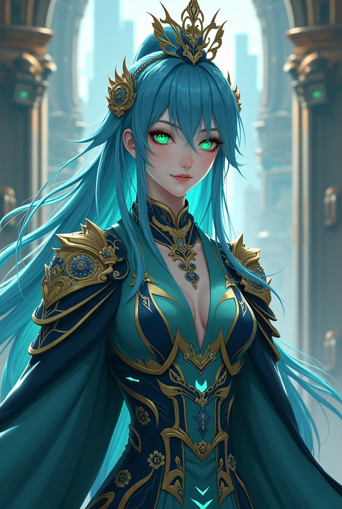 An emperor with anime features, Your city is a mix of magic and technology so your look should reflect that., greeneyes, blue hairs