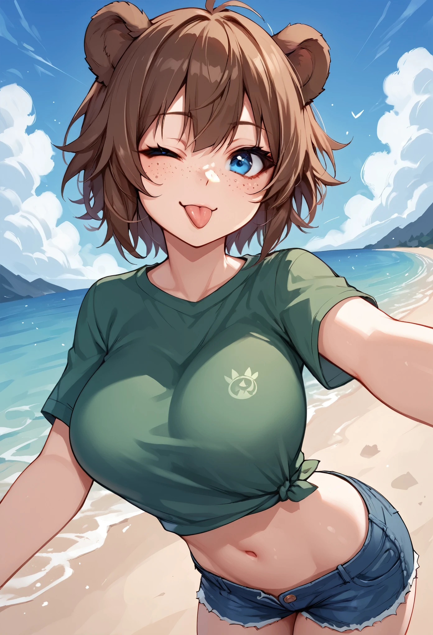 score_9_up, score_8_up, score_7_up, 1girl, solo, source_anime, hourglass figure, Big breasts, kemonomimi, bear ears, brown hair, short hair, messy_hair, blue eye BREAK freckles, green shirt, short sleeves, navel, denim shorts, selfie, reaching at viewer, looking at viewer, wink, one eye closed, standing, outdoors, blue sky, :p, tongue, v sign