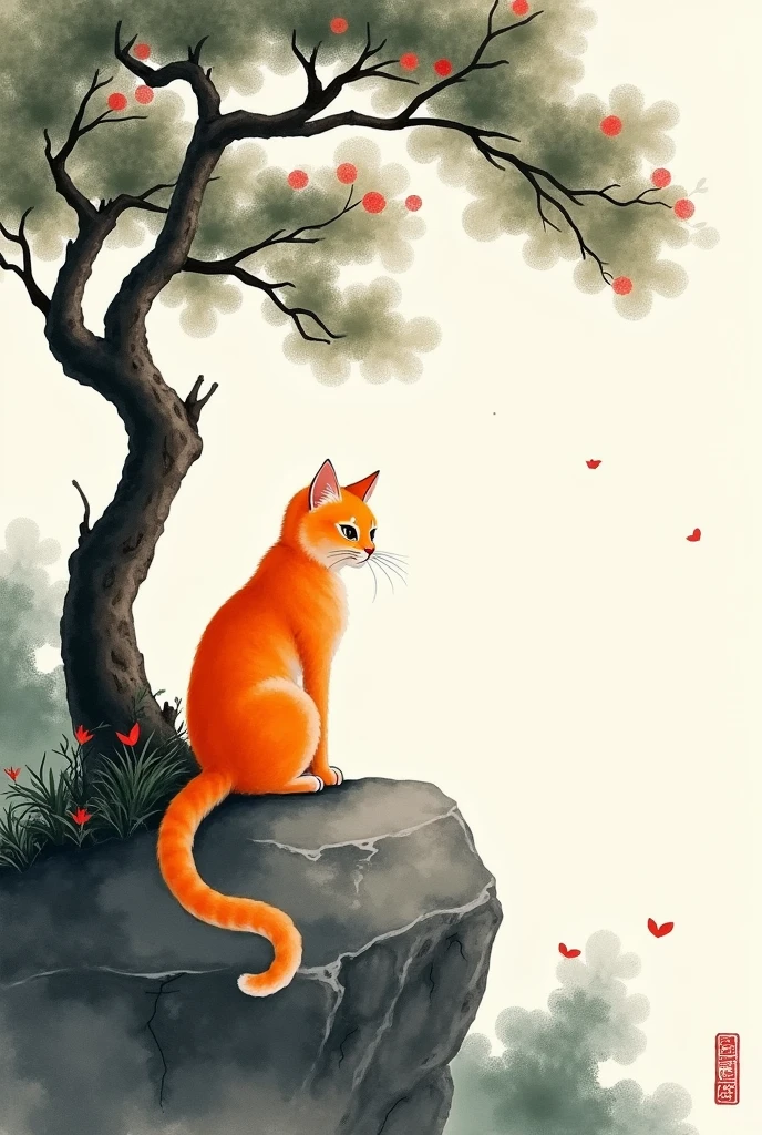 Orange cat sitting on a rock under a tree, Chinese watercolor style, Chinese painting style, chinese style painting, 伝統的なChinese Ink Painting, author:Ocean, Traditional Chinese Painting, author:Shen Mao, author:Park Hua, author:You as a man, author:Dai Jin, author:author:Ku Rayleigh, Chinese Ink Painting, by Ai Xuan