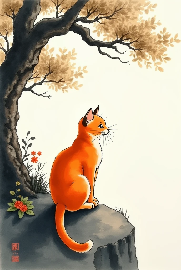 Orange cat sitting on a rock under a tree, Chinese watercolor style, Chinese painting style, chinese style painting, 伝統的なChinese Ink Painting, author:Ocean, Traditional Chinese Painting, author:Shen Mao, author:Park Hua, author:You as a man, author:Dai Jin, author:author:Ku Rayleigh, Chinese Ink Painting, by Ai Xuan