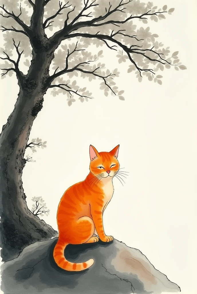 Orange cat sitting on a rock under a tree, Chinese watercolor style, Chinese painting style, chinese style painting, 伝統的なChinese Ink Painting, author:Ocean, Traditional Chinese Painting, author:Shen Mao, author:Park Hua, author:You as a man, author:Dai Jin, author:author:Ku Rayleigh, Chinese Ink Painting, by Ai Xuan
