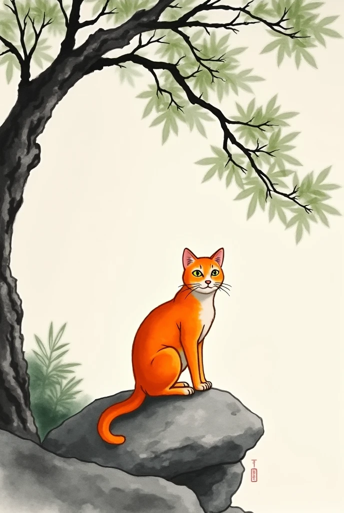 Orange cat sitting on a rock under a tree, Chinese watercolor style, Chinese painting style, chinese style painting, 伝統的なChinese Ink Painting, author:Ocean, Traditional Chinese Painting, author:Shen Mao, author:Park Hua, author:You as a man, author:Dai Jin, author:author:Ku Rayleigh, Chinese Ink Painting, by Ai Xuan
