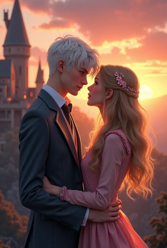 Teenage couple, two people. First person is a very handsome 17 year old albino boy with pale skin, white-blonde hair, and grey eyes and dressed in gray. The second person is a very pretty 17 year old girl with wavy long blonde hair and dark brown eyes and dressed in pink. Soft smiling. Background of Hogwarts Castle sunset.