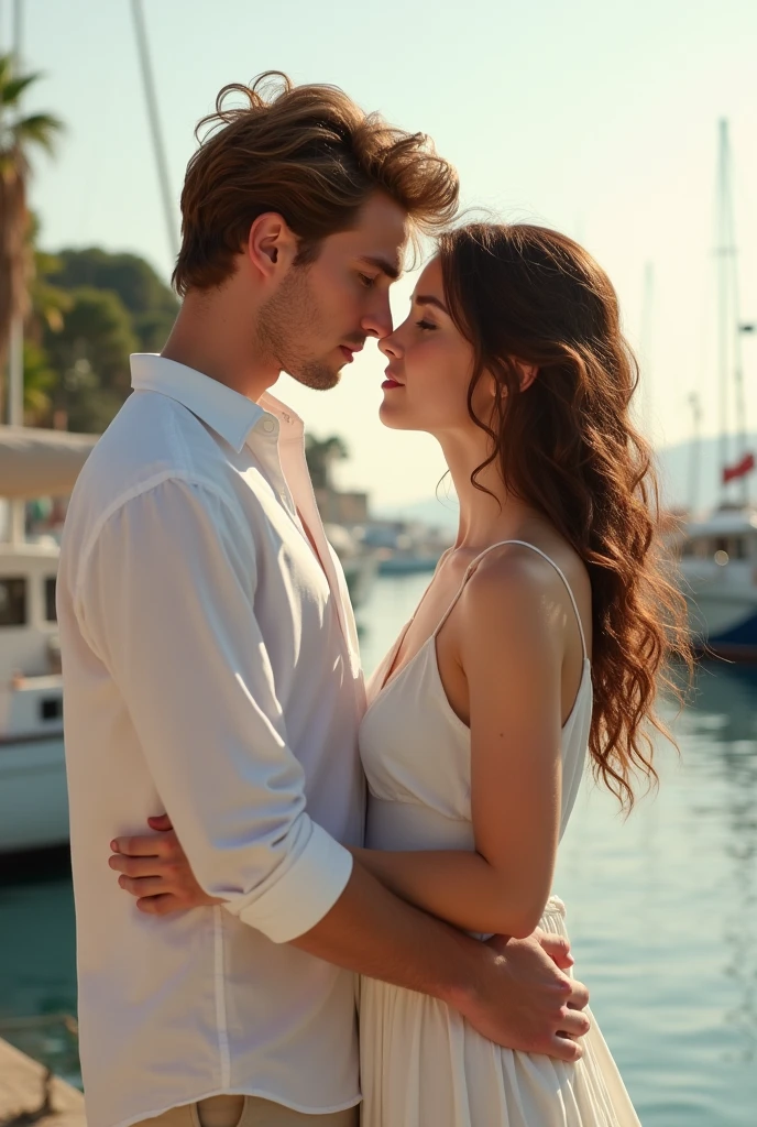 Book cover with a young couple in Marcella France at the port dressed in white The boy is tall with thick honey brown hair, pale skin, honey green eyes and thick lips The girl is short with thick wavy brown hair and honey eyes, pale skin, pink and thick lips I want the image for the cover of a book with the title written Valentine&#39;s Day coupon and to be seen in profile 