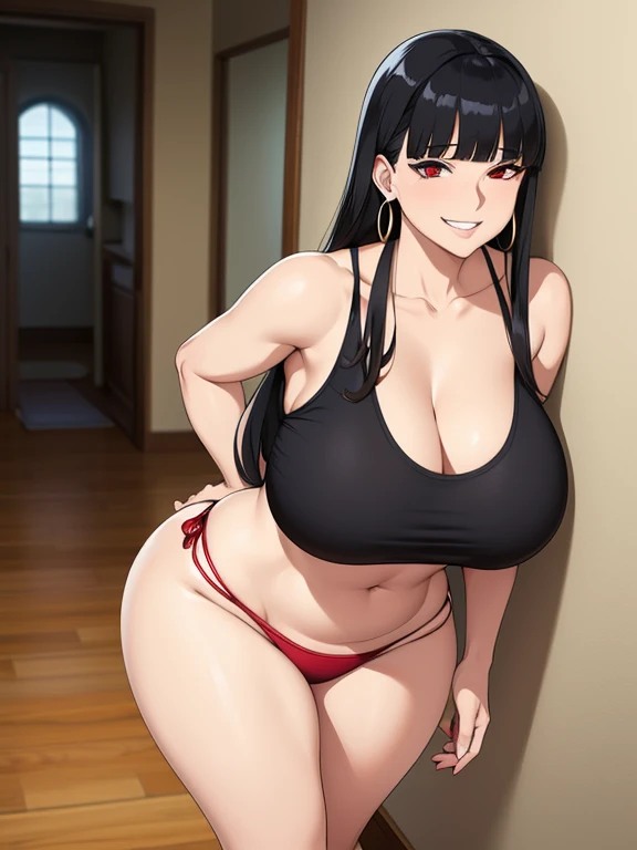 sexy woman, mature, milf, huge breasts, large breasts, curvy, voluptuous, black hair (straight bangs), red eyes, long hair, tank top, thong, earrings, grinning, standing, solo focus, house, indoors