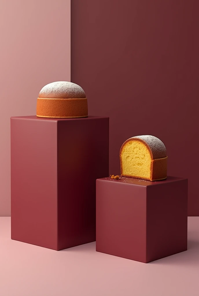 Two product display cubes of different heights, in wine color,
in one of the cubes a panettone 
