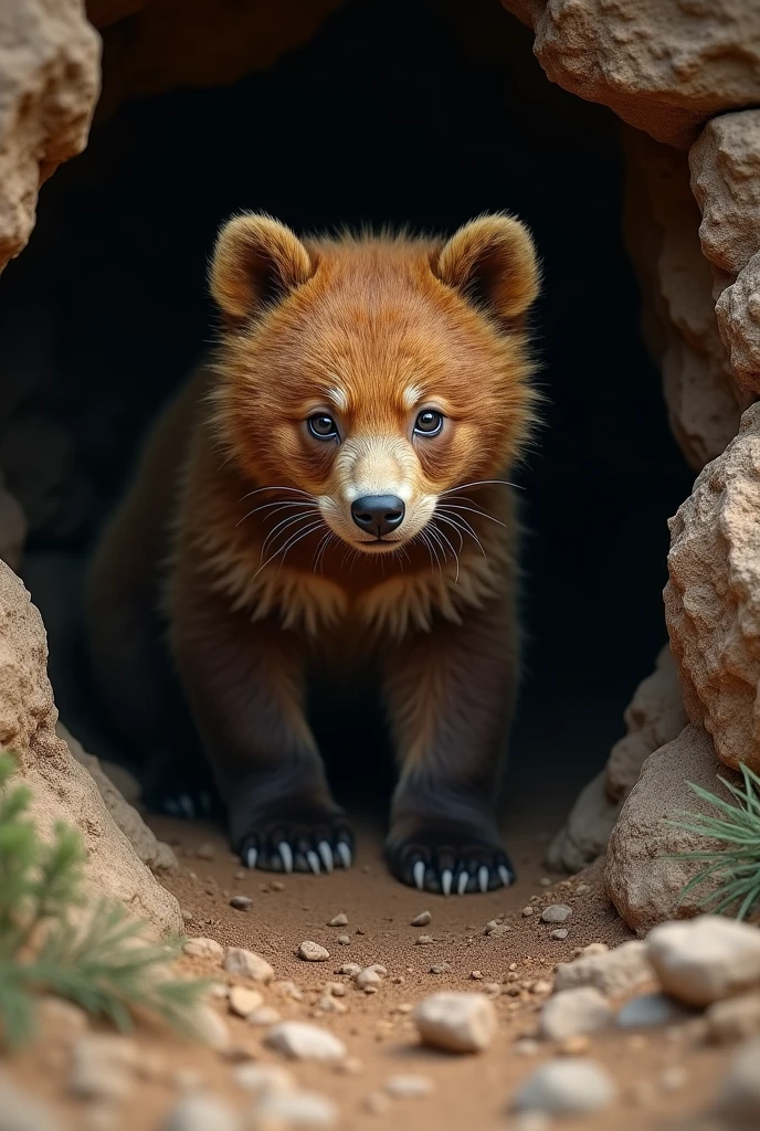 a red bear cub, in a cave, on bare earth, intricate details, cinematic lighting, photorealistic, 8k, hyperdetailed, vibrant colors, dramatic shadows and highlights, natural textures, wildlife photography