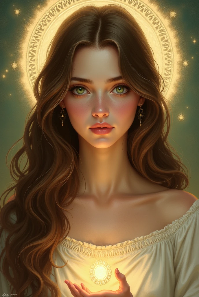 Brown haired woman with green eyes and Jesus