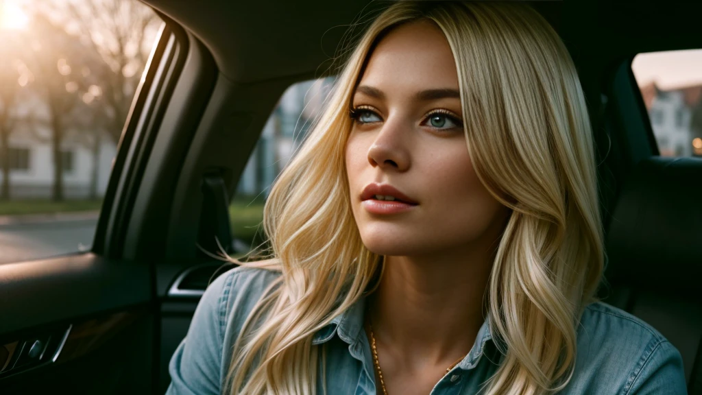BALENCIAGA 1 woman long blonde hair fluttering, bangs, blonde hair, crisp face, thin face, beautiful face thin, deep shadows, apocalyptic, no light, model, big mouth, lip filler, no eyebrow, closed mouth, straight bangs in the eye, inside flaming car, crashed car, car on fire, car on fire, car crashed