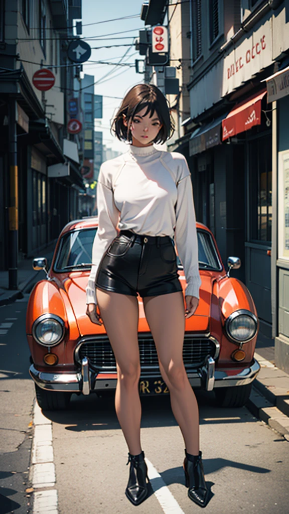 A young woman, naked, is standing next to a vintage car, her hips are high, there is a shop nearby, it is evening.