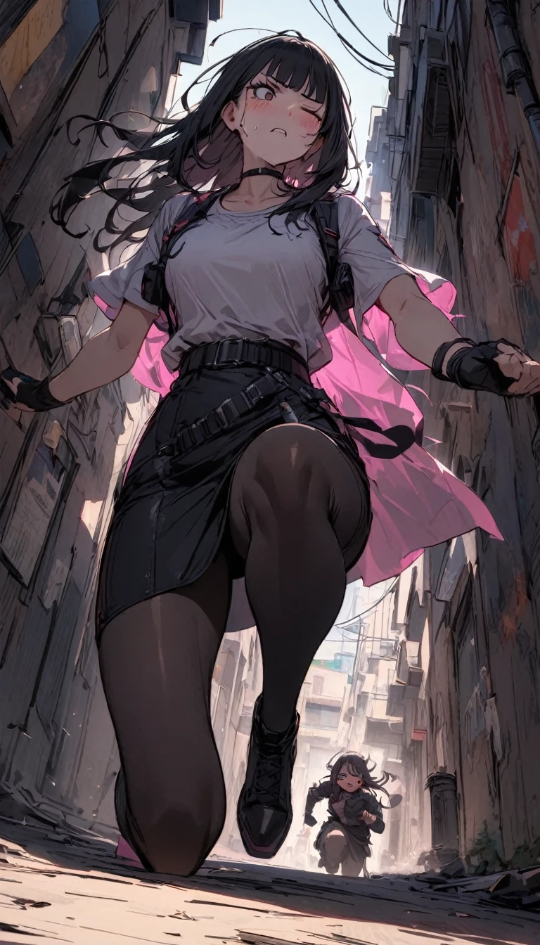 Dynamic composition,dutch angle,from below,solo,170cm tall female, theatrical animation style, Power Rangers preformation heroine,{{Pink-based shirt:1.6}},BLACK PENCIL SKIRT, BLACK SKIRT,Black pantyhose,{{small face:1.8}},{{Grit your teeth:1.4}},{{fighting stance:1.6}}{{fight:1.6}},{{standing on one knee:1.6}},{{knee up:1.6}},{{masterpiece}}, {{{Highest quality}}},{{Very detailed}},{{Pain ,Suffering}},one eye closed,{{critical situation:1.6}},{}},1girl,30years old,{Mature Woman}},{{}},{{Grit your teeth:1.4}},,{{v-shaped eyebrows}},Bad mood,blush,Sweat,raise one's eyebrows、black fingerless gloves,Bad mood,profound,Beautiful thighs,clavicle、chest holster,BLACK Long Hair,Blunt bangs,Alley,Black Choker,belt