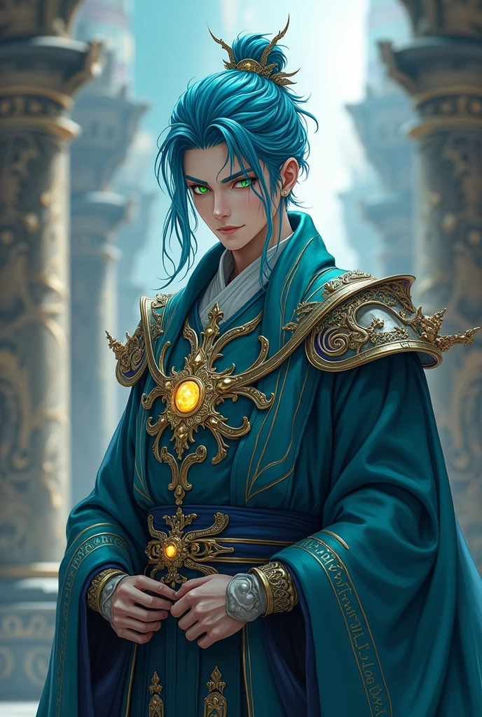 A male emperor with anime features, Your city is a mix of magic and technology so your look should reflect that., greeneyes, blue hairs