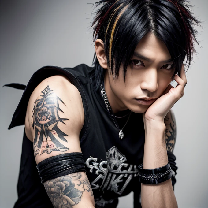 1 japanese male rocker, asien eyes, Visual Kai hairstyle, ultra detailed face and body, hyperrealistic, realistic representation, muscular, broad shoulders, tattoos gothic style, piercings, Visual Kei style, hairstyle Visual Kei, blond, 40 years old, age 40 outfit gothic streampunk, men's shirt and black pants, Asian eyes, eyes Asian, long hair, long hair