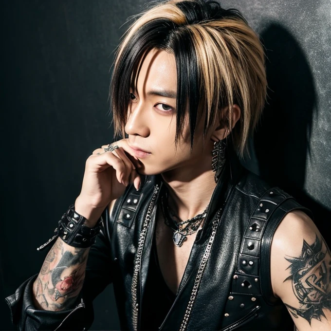 1 japanese male rocker, asien eyes, Visual Kai hairstyle, ultra detailed face and body, hyperrealistic, realistic representation, muscular, broad shoulders, tattoos gothic style, piercings, Visual Kei style, hairstyle Visual Kei, blond, 40 years old, age 40 outfit gothic streampunk, men's shirt and black pants, Asian eyes, eyes Asian, long hair, long hair
