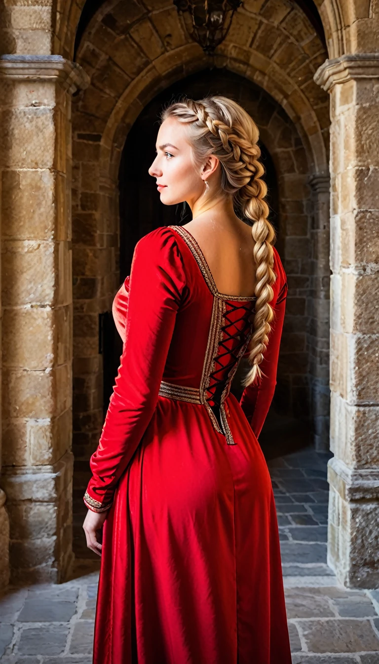 A young blonde woman in medieval red dress with hair braided into two French braids standing in a grand castle with tall, stone walls and tapestries.