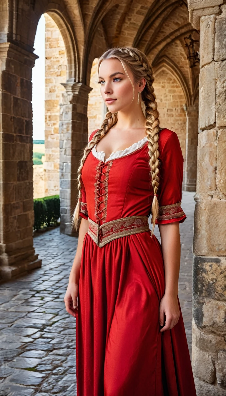 A young blonde woman in medieval red dress with hair braided into two French braids standing in a grand castle with tall, stone walls and tapestries.