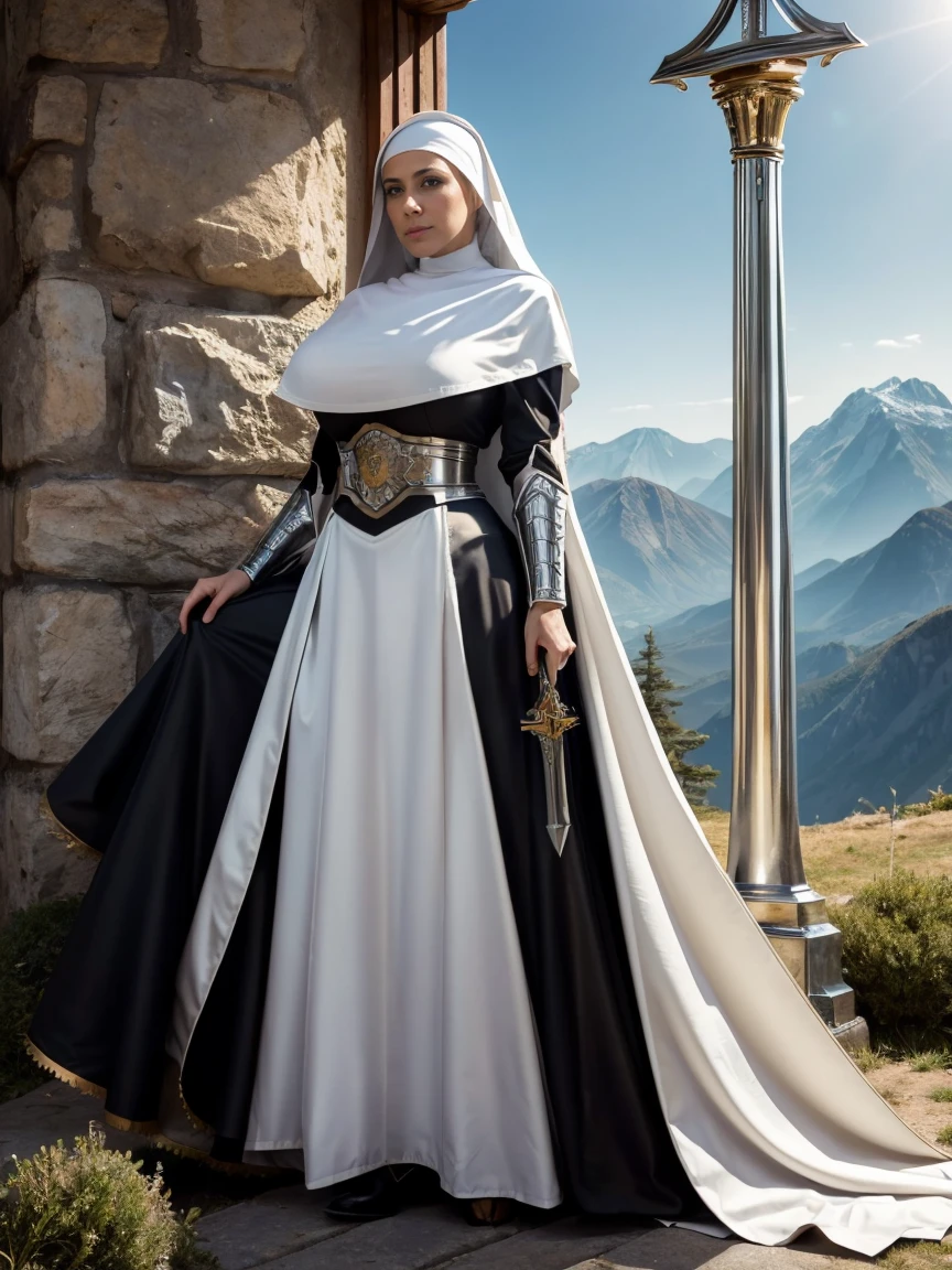(masterpiece, top quality, best quality, official art, beautiful and aesthetic:1.2), (1girl:1.3), ((Sharp facial features, sharp features, hawkish features)), ((blue eyes)), busty brunette paladin knight girl, extremely detailed, portrait, looking at viewer, solo, (full body:0.6), detailed background, full-body shot, (warm mountain meadow theme:1.1), holy knight, (nun), charlatan, smirk, mysterious, swaying in mountains, armor, polished metal, gold trim, long boots, white fabric, pelvic curtain, robe, pale leather, ((((nun, greatsword, corona, holy aura, heavy armor, armored, long legs, pelvic curtain, toned, muscular)))), slim waist, slim hips, long legs, medieval (mountain exterior:1.1) background, dark mysterious lighting, shadows, magical atmosphere, dutch angle