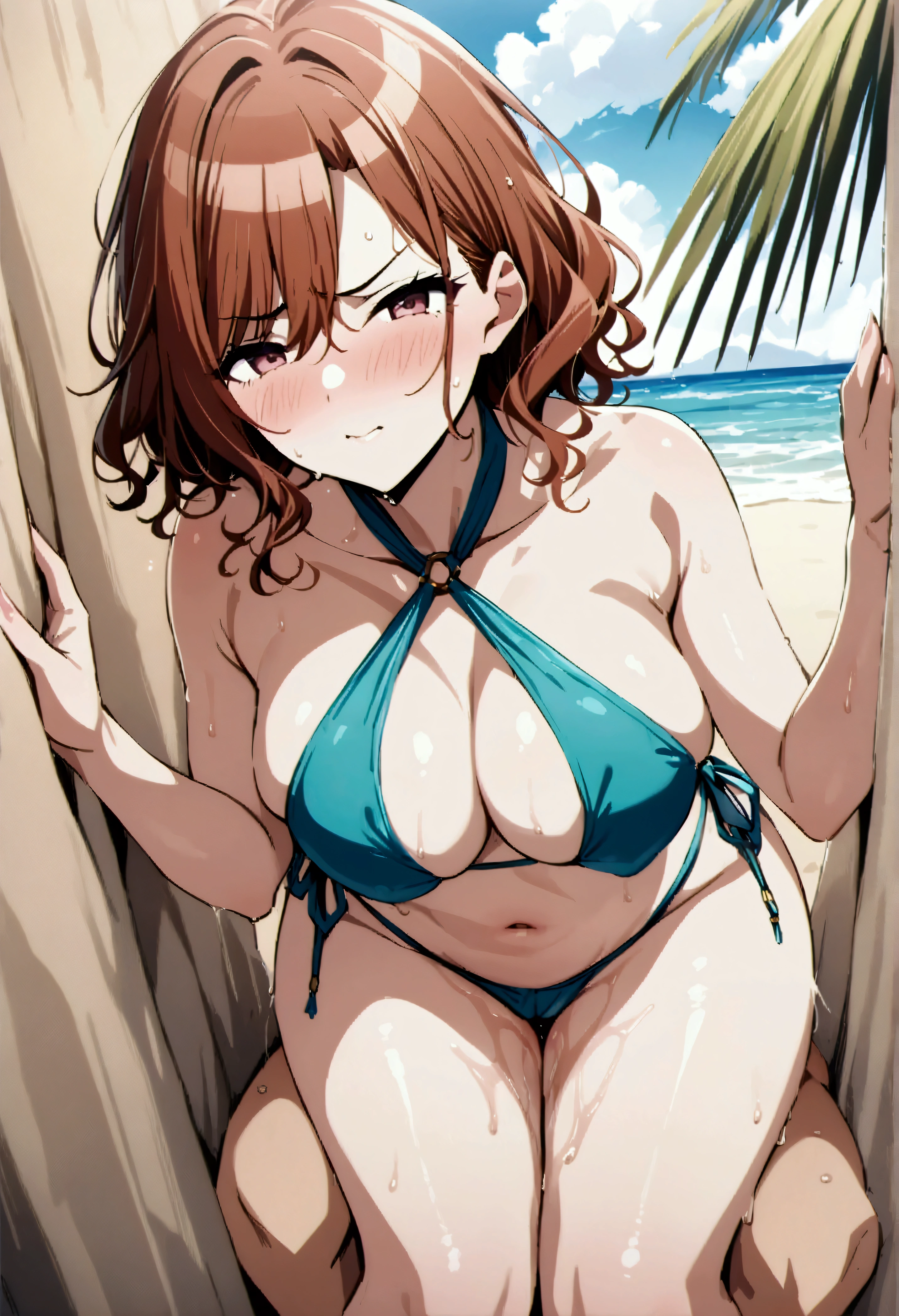 NSFW,masterpiece,Highest quality,High resolution,Very detailed,Madoka Higuchi\(The Idolmaster Shiny Colors\),Summer Hair、High quality sexy bikini、Halter neck、Floral,beach,Palm tree,Rock Shade,Parasol,gravure,Sexy pose,(Lustful face),Angry face,Grit your teeth,blush,Wet,(Strong young man),Picking Up Girls,(Mating),heart,(Have sex)