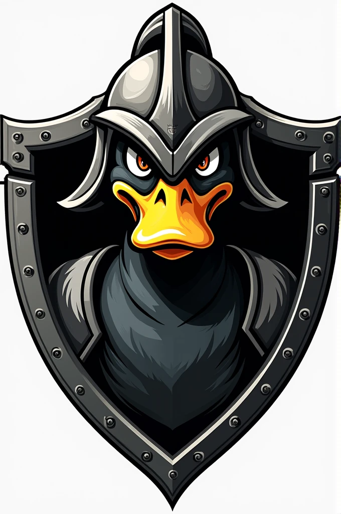 Logo of a duck inside a shield with a helmet and anger and underneath written: duck