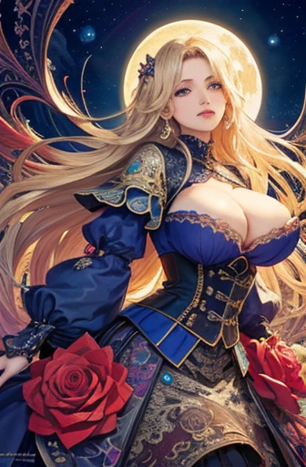 masterpiece, Highest quality, Highest quality, Official Art, beautifully、aesthetic:1.2), (1 girl), Very detailed,(Fractal Art:1.3),colorful,Most detailed,Blonde long hair,blue eyes,Moonlit Night,Rose,(Big Breasts:1.4),,Nipples,corset,Fine Jewelry,whole body