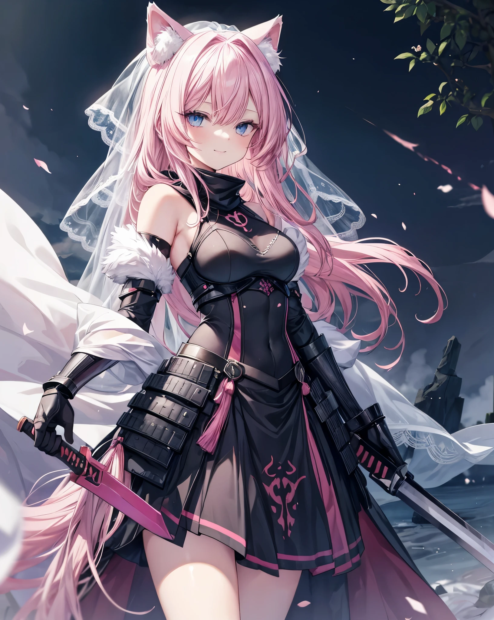 Anime style war, serious style, 1nekogirl, pink_and_white_cat_ears, fox tail, limited palette, long Straight pink hair, detailed anime blue eyes. She has a little smile. She is a Mercenary with scars on face, Outdoor scenery. Point a sword upwards. Behind them there is an army. War is coming. She wear a black intricate war armour, with white trasparent veil. She has bare shoulders. They will fight on the Winter Forest. Black Dragon armour, Pink details.