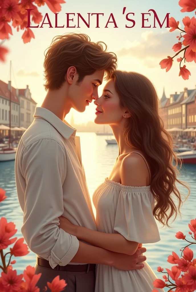 A couple siting on the beautiful boat boyfriend lips Kiss her girlfriend with red rose. Boy wearing a t-shirt wirten his name Romeo and girl wearing a t-shirt writen her name Yana 3d cartoon