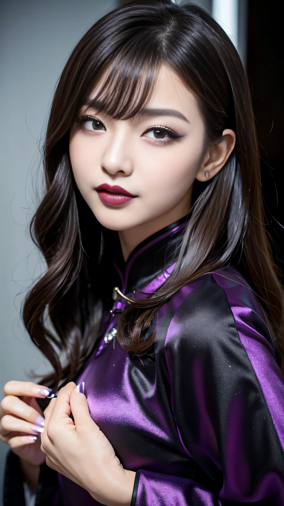 best quality、ultra-detailed、8k、Japanese、Japanese、Seductive beauty、seductive adult woman、Pretty Woman、cool girl、smirk、Wicked Smile、Villainess、brainwash makeup、Brainwashed、brainwash、Fallen into evil、Evil look、evil、Brown hair、wavy hair、swept bangs、dark makeup、piercing eyes、hollow eyes,half-closed eyes、Hollow Eyes、purple Eyeshadow、black lipstick、black lipglos、Purple Eyeshadow、black lipstick、black lip gloss、Dark Makeup、smirk、Whisper in my ear、Evil look、long black cheongsam、Wide sleeves、night、inside darkroom、Kiss、I have lipstick、Are standing、Look、Offer、shoot from below、Connected by many cords