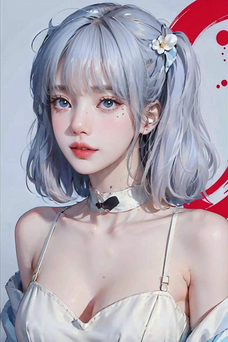 White-pink hair, blue eyes, Red dress,Large Breasts