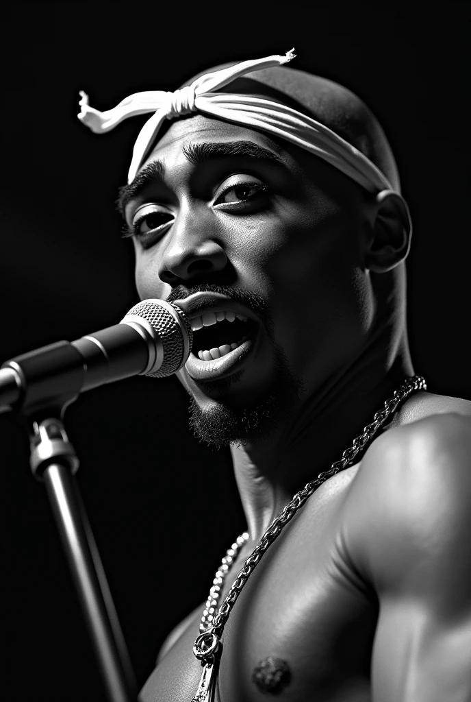 (photorealism:1.2), (((Tupac Shakur))), bald head, 25 years old, extremely accurate features, performing in a concert, rapping aggressively, black and white images, extremely detailed facial features, banana tied around his head, ((looks exactly like 2Pac))

Create a high-resolution close-up image of Tupac Shakur's face. Pay attention to his skin texture, facial structure, and recognizable features such as his eyebrows, nose, and lips. The image should be highly detailed and accurate, resembling a real-life photo.
   