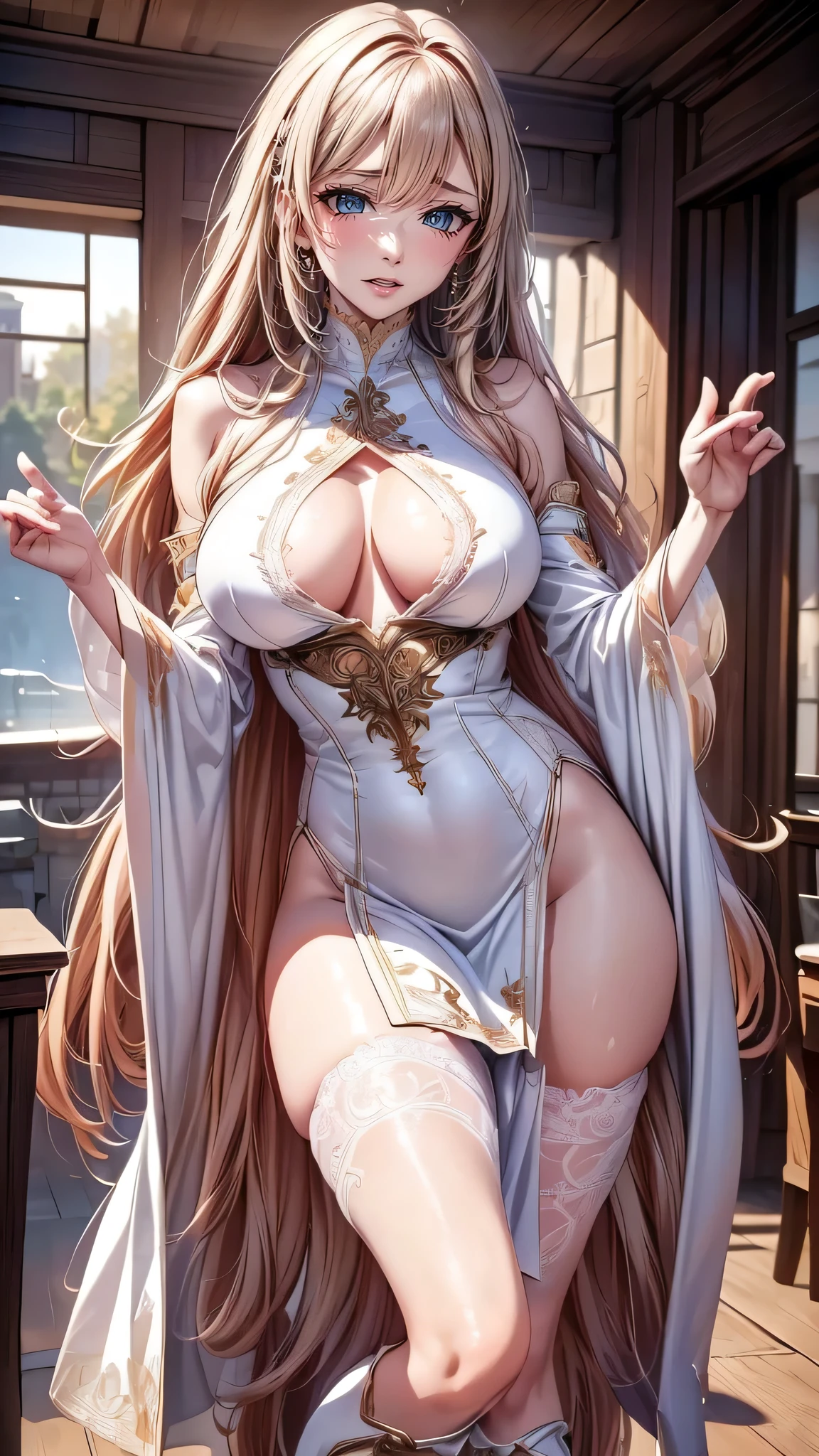 (Cinematic scene,Fantasy Art,Highest image quality,Hyperrealism portrait,(8K),Ultra-realistic,Best Quality,High quality,High Definition,high quality texture,high detailing,Beautiful detailed,fine detailed,extremely details CG,Detailed texture,realistic representation of face,masterpiece,presence,Dynamic,Bold),1gir,Ultra detailed skin,Curve,,Beautiful breasts,Large breasts,pale skin,pointed breast,Erect nipples,(Thin hair),(Soft hair),(Ultra straight hair),Swept long bangs,Extra bright coppery amber hair,Hair over one eye,nsfw,yuri,(porn image),(leather boots,asymmetrical armor,(long embroidered white lace dress,see through,lift up the hem of the dress))