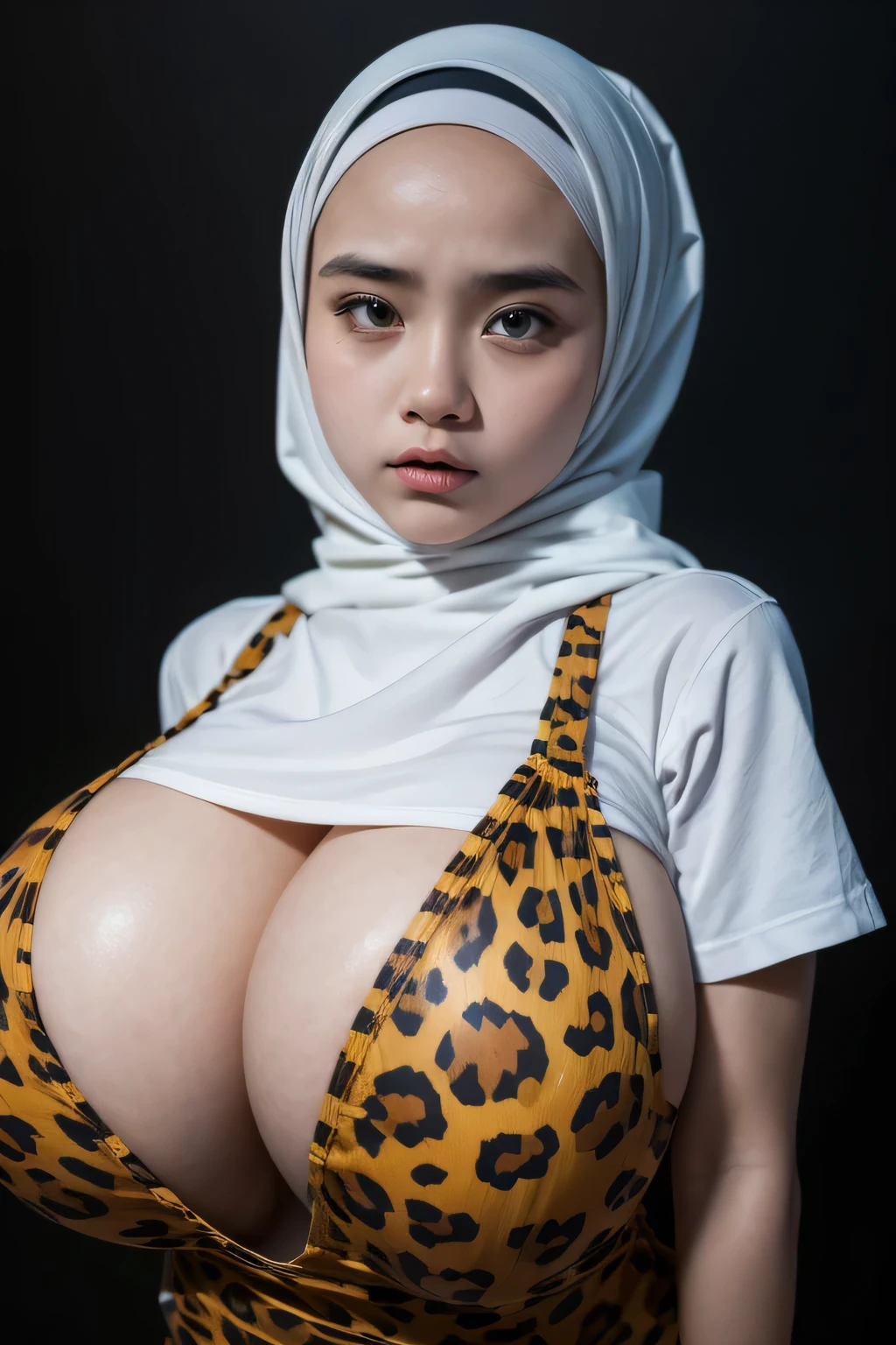 Jumbo (Singlet), Chubby adorable, 1 girl, (face to face), , baby face, angry face expression, half body portrait, (face details: 1), (eye details: 1), ((big breasts)). wearing transparent transparency soft long shirt, hijab, .. Cute posed. proportional body. Ultra High Res. realistic: 1.4, UHD, ((leopard pattern)), ((Bigger:2.2)), (((DARK BACKGROUND)))