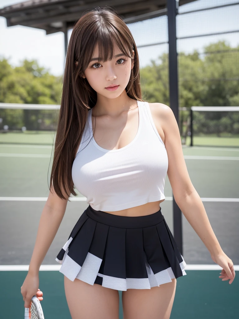 Product quality,1 girl,Cowboy Shot,Front view,Thigh Emphasis,(Knee-deep shots:1.3),Young and sexy Japanese girl,18-year-old,Tennis court,Wearing stylish tennis clothes,Wearing a white super short micro pleated mini skirt,No underwear,((Small Head,face:0.4))超かわいいface,赤ちゃんのface,Glossy Lips,Big eyes,Double eyelids on both eyes,(Natural Makeup),Brown eyes,Small and cute nose,shiny smooth light brown hair with long hair,,Asymmetrical bangs,Center image,8k resolution,Attention to detail,Detailed hairstyle,詳細なface,Cinema Lighting,Octane Rendering,Ultra-realistic,Perfect limbs,Voluptuous thighs,Huge breasts, Soft Skin,(Glowing Skin, Sweaty: 1.3), Spread your legs,Provocative dynamic pose,Skirt flip,Browsing Caution,(Spreading pussy:1.3)