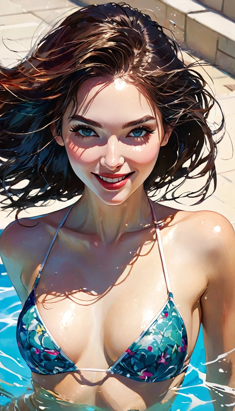 ((Top quality, 8k, Masterpiece: 1.3)), 1 woman, Beautiful girl with slim abs: 1.3, Large: 1.2, seductive pose, Swimming pool, sexy, Ultra detailed face, High detailed lips, detailed eyes, double eyelids, Smile, (best quality,4k,8k,highres,masterpiece:1.2),ultra-detailed,(realistic,photorealistic,photo-realistic:1.37),intricate details,vivid colors,sharp focus,professional, (art inspired in Bill Sienkiewicz).