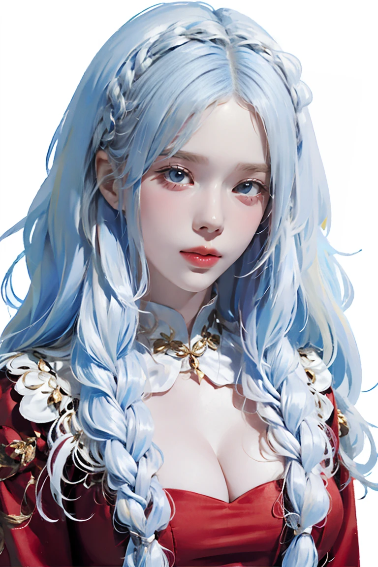 White-pink hair, blue eyes, Red dress,Large Breasts