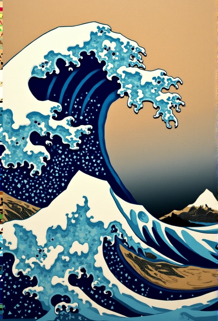 mosaic、Hokusai style, Hokusai&#39;s Style, Ukiyo-e,mosaicは強い、Not visible in mosaic、Pixel art、Artistically、Big Waves、Raging Dragon　cloud