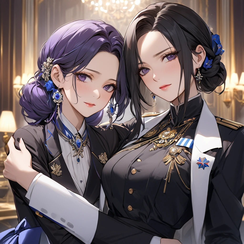 ((Highest quality)), ((masterpiece)), (detailed), （Perfect Face）、The woman is Shinobu Kocho, a Russian with black hair in a purple gradient bob style, tied up in a formal evening hairstyle.、The woman is a member of the United Russia party and is beautifully dressed in a suit and lavish accessories.、She is a United Russia member who is dedicated to the cause of a great United Russia, and she deeply respects and worships the leader of the Great Russian Party, a United Russia supremacist.、As the secretary and mistress of a high-ranking official of the Great United Russia, the woman is sincerely devoting herself to serving, embracing, accompanying, and following him in his work for the Great Russia.