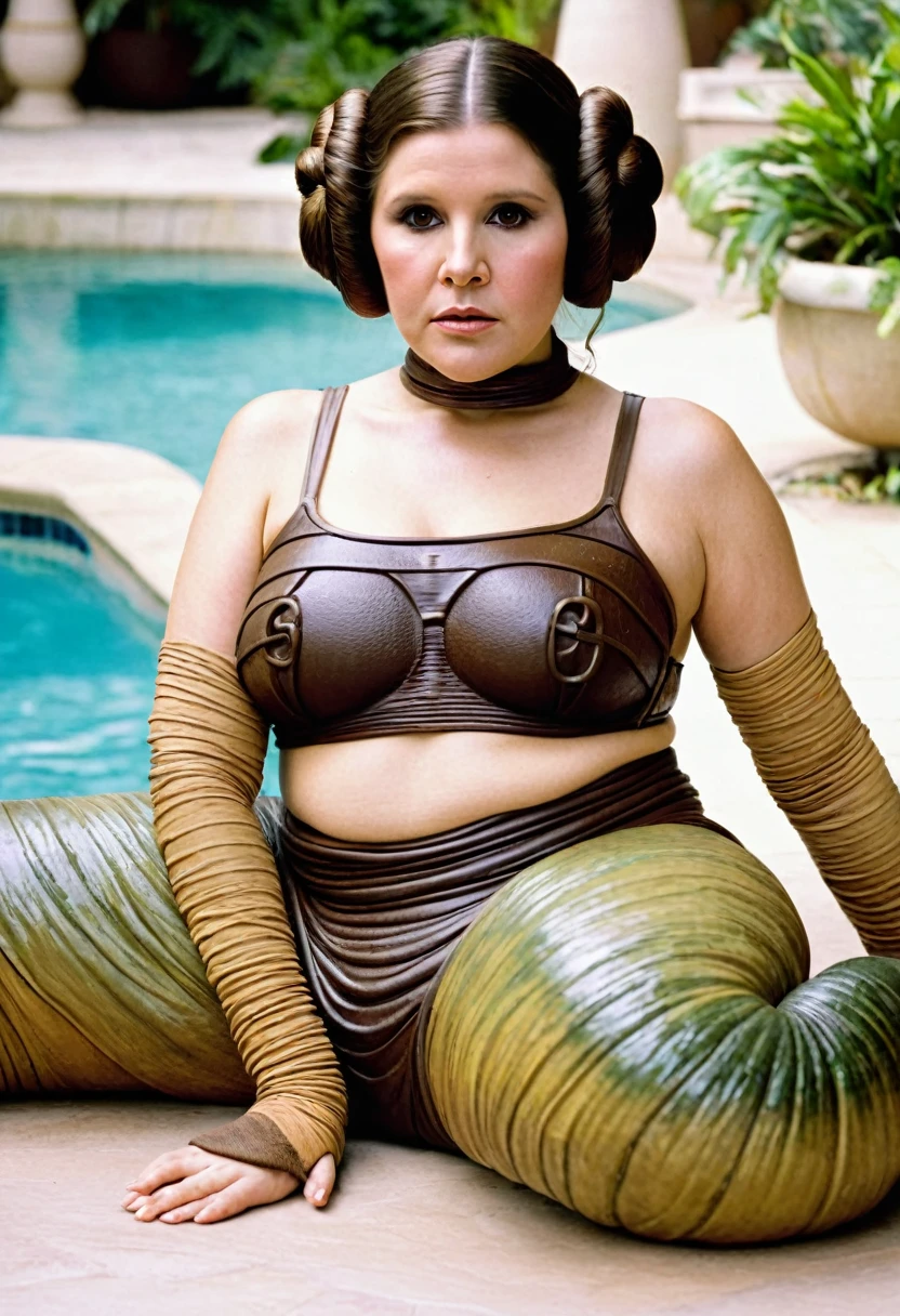 Full body shot of Princess Leia in her Jabba the Hutt's slave outfit laying beside a swimming pool