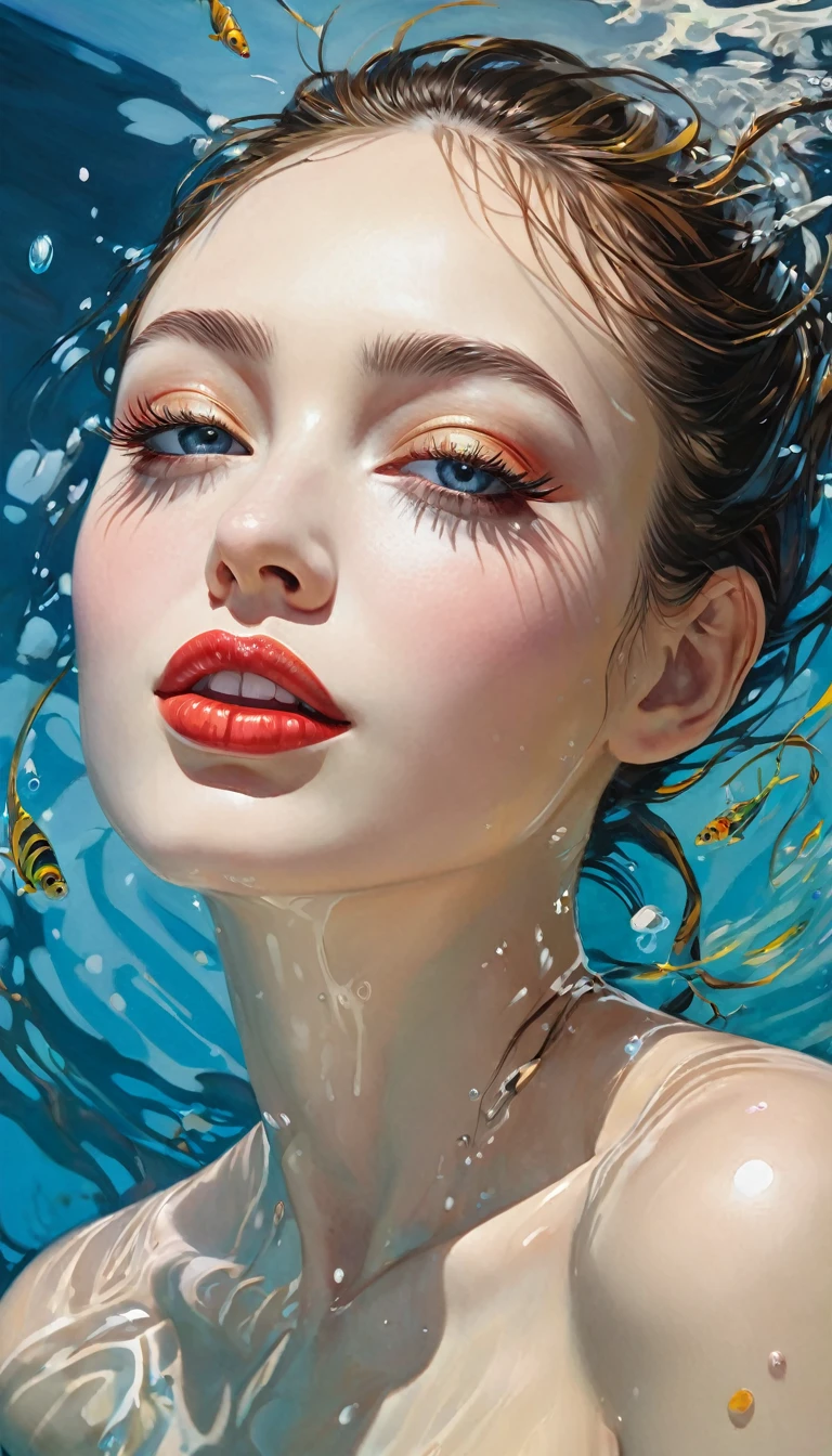 ((Top quality, 8k, Masterpiece: 1.3)), 1 woman, Beautiful girl with slim abs: 1.3, Large: 1.2, seductive pose, Swimming pool, sexy, Ultra detailed face, High detailed lips, detailed eyes, double eyelids, Smile, (best quality,4k,8k,highres,masterpiece:1.2),ultra-detailed,(realistic,photorealistic,photo-realistic:1.37),intricate details,vivid colors,sharp focus,professional,Dave McKean artwork, oil touch of surrealism,oil painting