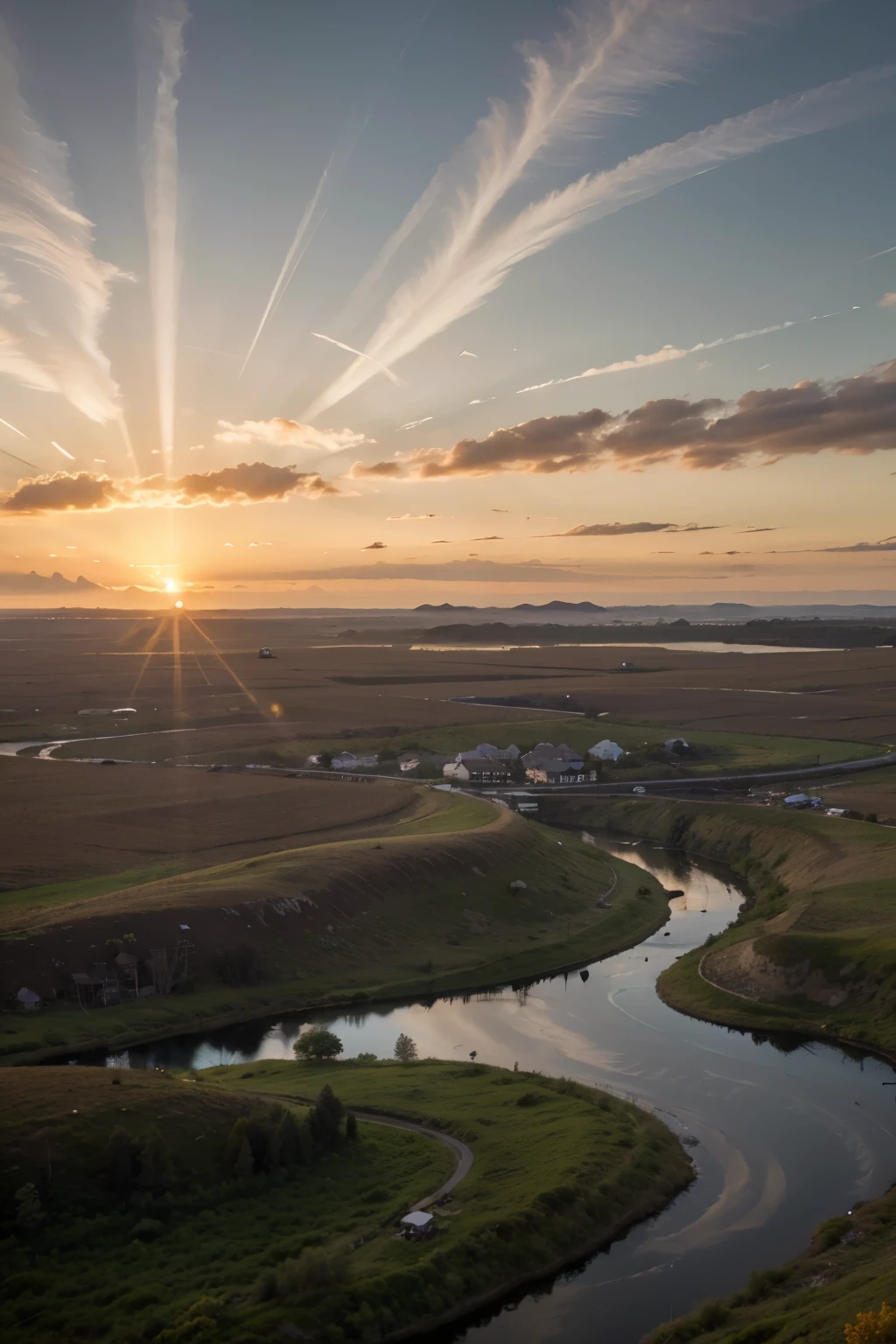 sunset, distant plain, sun rays, wide view, valley, heat, birds flying, sky in various shades of orange, diverse vegetation details, small animals, tundra, tall pine trees, precious stones, macro photo, Wide-Angle, from above, 8k, super detail, best quality, high quality, HD