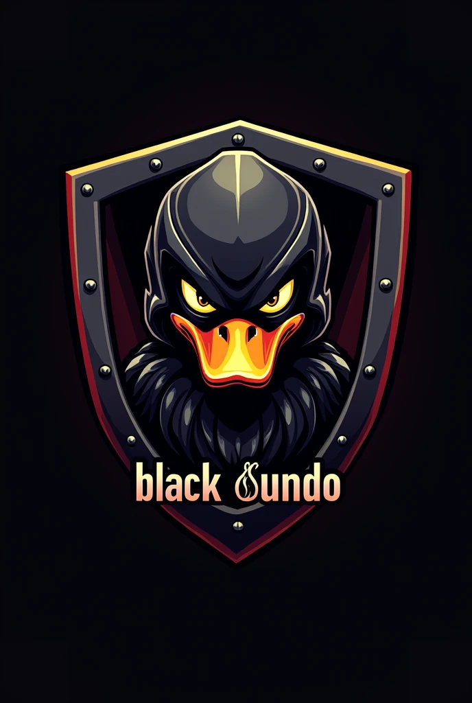 Logo of a duck inside a shield with a car helmet and anger with black dundo written underneath: duck