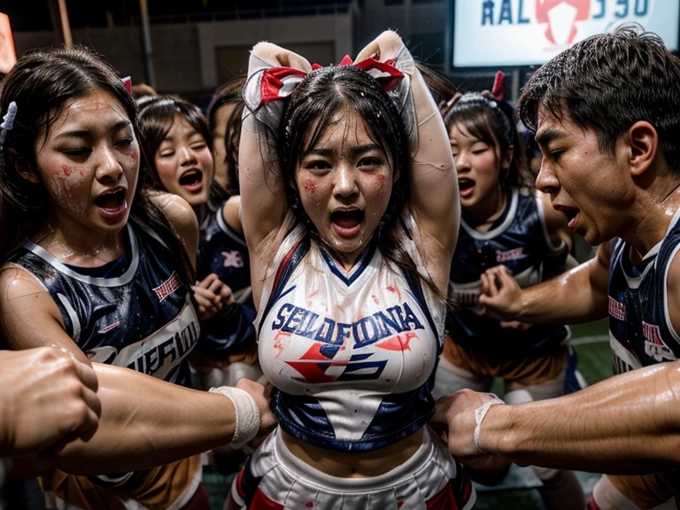 A beautiful Japanese girl dressed as a cheerleader gets covered in a huge amount of semen during a night of training camp、Screaming orgasm surrounded by men、Stay close to the man