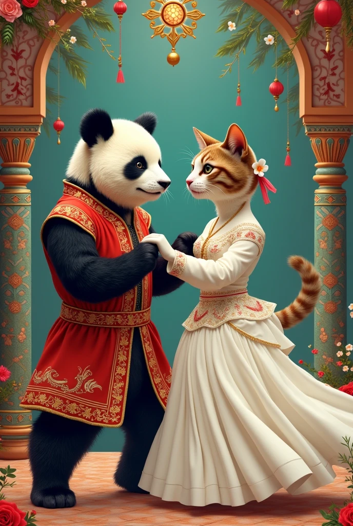 Zeybek oynayan damat erkek panda ve gelinlikle dişi kedi çizebilir misin , With Turkish motifs. There is a Zeybek dance in Turkey. Can you arrange it accordingly?.

It&#39;s nice but it&#39;s not a groom&#39;s suit for a panda, geline ise beyaz gelinlik giydirdik miydi olacak bu iş 
