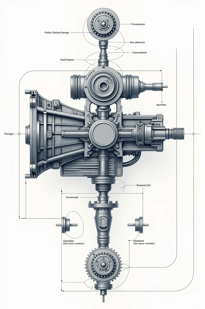 Transmission System Components Chart Description: A technical diagram showing a cross section of a car's transmission system. In the image, The main components are highlighted and labeled, like the gearbox (In the middle), the drive shaft (connecting the gearbox to the differential), the clutch (between the engine and the gearbox), and the rear differential (al final dthe drive shaft). besides, bearings are shown, gears, and universal joints with dotted lines indicating the direction of energy movement