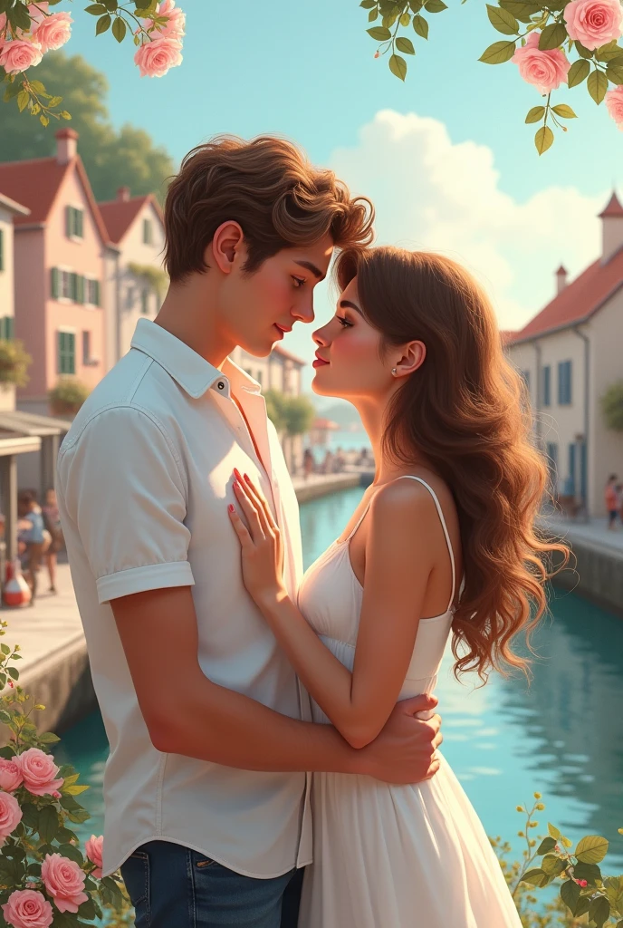 book cover with a young couple in marcella france at the port dressed in white the boy is tall with thick honey brown hair white skin honey green eyes and thick lips the girl is short with thick wavy brown hair and honey eyes white skin pink thick lips i want the image for a book cover with the title written as a valentines coupon