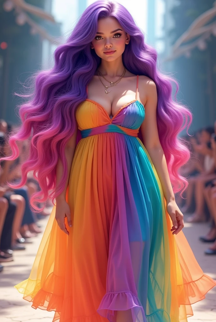 Very large bust, chubby girl, purple and pink long wavy hair, hazel eyes, color gradient vivid rainbow summer dress on a catwalk, very detailed very beautiful, 